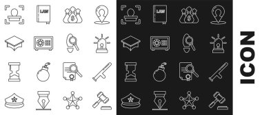 Set line Judge gavel Police rubber baton Flasher siren Money bag Safe Graduation cap Face recognition and Magnifying glass with footsteps icon. Vector.