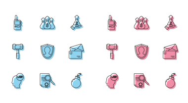 Set line Head with law Document search Walkie talkie Bomb ready to explode User protection Envelope Judge gavel and Money bag icon. Vector.