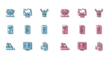 Set line Factory conveyor system belt Computer monitor screen Robot Mechanical robot hand api interface Smart home Bot and Assembly line icon. Vector.