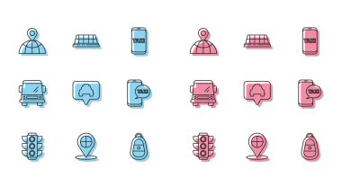 Set line Traffic light Map pointer with taxi Location on the globe Car key remote Taxi call telephone service and car roof icon. Vector.
