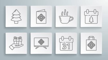 Set line Gift box in hand Christmas postcard Merry on television Calendar paper shopping bag Coffee cup and tree icon. Vector.