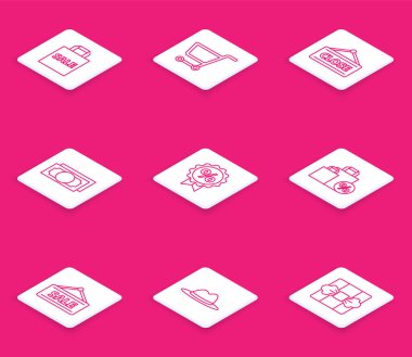 Set line Shoping bag with Sale Shopping cart Hanging sign Closed Stacks paper money cash Discount percent tag discount and Man hat ribbon icon. Vector.