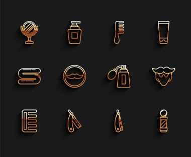 Set line Hairbrush Straight razor Round makeup mirror Classic Barber shop pole Mustache and beard and Aftershave bottle with atomizer icon. Vector.