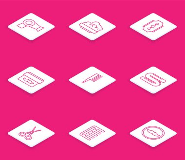 Set line Hair dryer Shaving gel foam Blade razor Cream lotion cosmetic jar Hairbrush Towel Scissors hairdresser and icon. Vector.