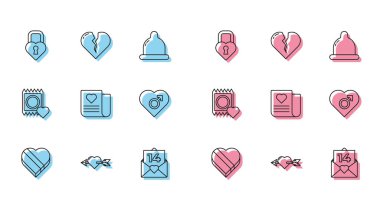 Set line Candy in heart shaped box Amour with arrow Castle the of Envelope Valentine Heart male gender Condom package and Broken or divorce icon. Vector.