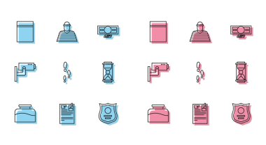 Set line Inkwell Lawsuit paper Plastic bag with ziplock Police badge Footsteps Old hourglass sand Security camera and Prisoner icon. Vector.
