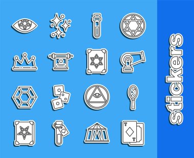 Set line Playing cards Magic hand mirror Cannon Bottle with love potion scroll Crown Pentagram and Ancient magic book icon. Vector.