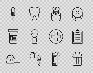 Set line Toothbrush with toothpaste Trash can Cotton swab for ears Water tap Sanitary tampon Shaving Bottle nozzle spray and Clipboard checklist icon. Vector.