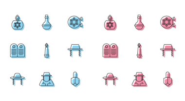 Ortodoks Ortodoks Yahudi şapkası yanan mum Hanuka dreidel Tombstone ve David ve Yahudi şarap şişesi ikonu. Vektör.