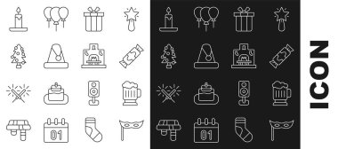 Set line Festive mask Wooden beer mug Candy Gift box Christmas Santa Claus hat tree Burning candle and Interior fireplace icon. Vector.