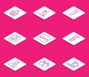 Set line Poison in bottle Test tube flask fire and Chemistry report Broken Laboratory assistant and Medical rubber gloves icon. Vector.