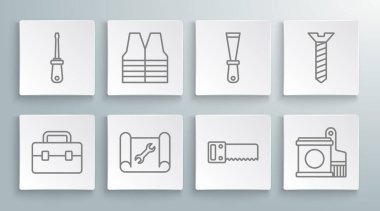 Set line Toolbox Safety vest Graphing paper and wrench Hand saw Paint bucket brush Putty knife Metallic screw and Screwdriver icon. Vector.