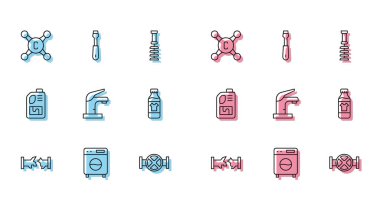 Set line Broken pipe Washer Water tap Industry and valve Bottle for cleaning agent Drain cleaner bottle and Screwdriver icon. Vector.