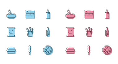 Set line Burger Lollipop Rice in a bowl with chopstick Donut Chicken leg package box Hotdog sandwich Bag or packet potato chips and Coffee cup go icon. Vector.