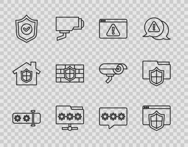 Set line Password protection Browser with shield exclamation mark Folder password Shield check brick wall and Document folder icon. Vector.