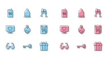 Set line Heart shaped love glasses Key in heart Greeting card Gift box Bottle with potion Calendar February 14 Like and and Condom icon. Vector.