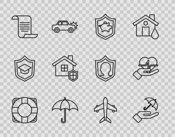 Set Line Lifebuoy Umbrella Hand Piggy Bank Shield Document House — Vector de stock
