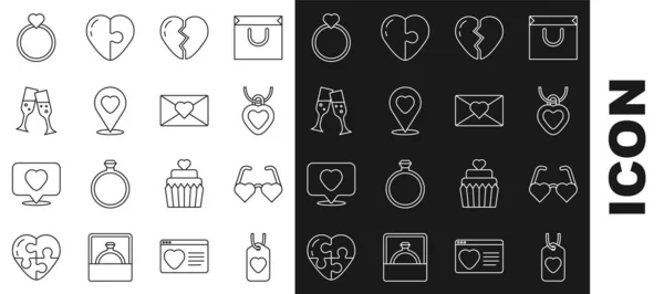 Set Line Heart Tag Shaped Love Glasses Necklace Heart Broken — Image vectorielle