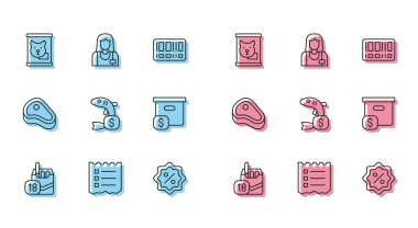 Set line Cigarettes pack box Shopping list Canned food Discount percent tag Price for fish Carton cardboard with price Steak meat and Seller icon. Vector.