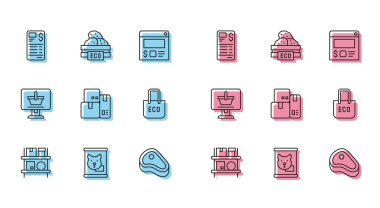 Set line Warehouse interior with boxes Canned food Paper financial check Steak meat Cash register machine Shopping bag recycle cart on computer and Wooden for fruits icon. Vector.