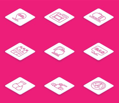 Set line Refill petrol fuel location Canister for motor oil Oil tank storage Industrial gas cylinder Location and station test tube and Metallic pipes valve icon. Vector.