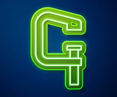 Parlak neon hattı klemp ve vida araç simgesi mavi arkaplanda izole. Çilingir aleti. Vektör.