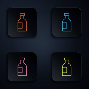 Color neon line Glass bottle of vodka icon isolated on black background. Set icons in square buttons. Vector.