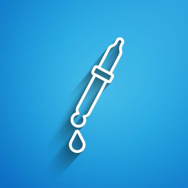 Beyaz çizgi Pipette simgesi mavi arkaplanda izole edildi. Tıbbi elementler, kimya laboratuarı ekipmanları. Damlalı boru. Tıp sembolü. Uzun gölge. Vektör.