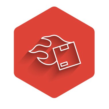 Beyaz çizgi karton kutu simgesi uzun gölge arkaplan izole. Kutu, paket, paket işareti. Teslimat ve ambalaj. Kırmızı altıgen düğmesi. Vektör.