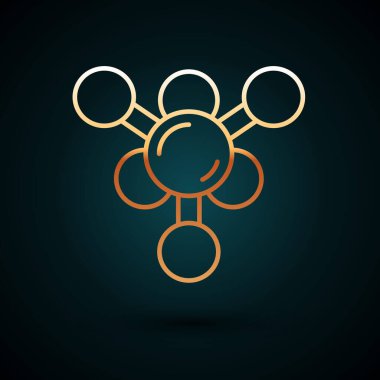 Altın çizgili Molekül simgesi koyu mavi arkaplanda izole edilmiş. Kimya moleküllerinin yapısı, fen öğretmenlerinin yenilikçi eğitim posteri. Vektör.