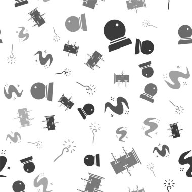 Set Magic ball, Trunk for magic tricks, Magic fog or smoke and Magic staff on seamless pattern. Vector.