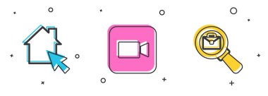 Set Online working, Camera and Magnifying glass with briefcase icon. Vector.