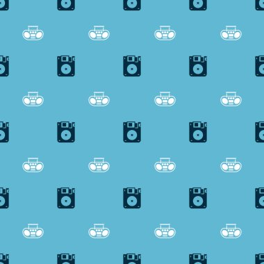Set Floppy disk and Home stereo with two speakers on seamless pattern. Vector.