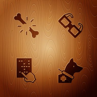 Set Guide dog, Human broken bone, Braille and Eyeglasses on wooden background. Vector.