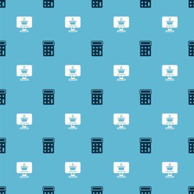Set Calculator and Shopping cart on computer on seamless pattern. Vector.