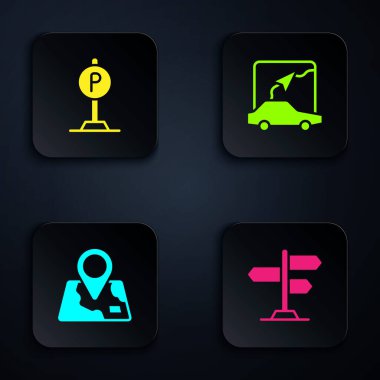 Set Road traffic sign, Parking, Folded map with location marker and City navigation. Black square button. Vector.