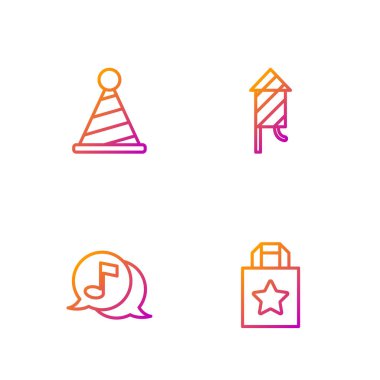 Set line Paper shopping bag, Musical note speech bubble, Party hat and Firework rocket. Gradient color icons. Vector.