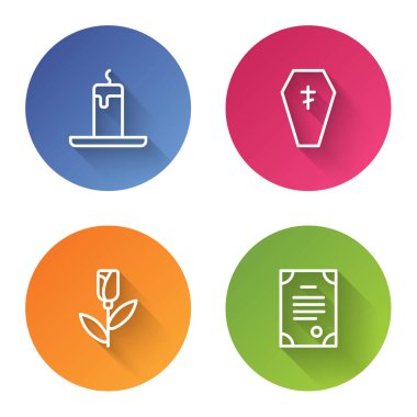 Set line Burning candle, Coffin with cross, Flower rose and Death certificate. Color circle button. Vector.