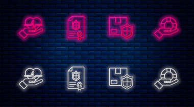 Set line Contract with shield, Delivery security, Life insurance in hand and Lifebuoy. Glowing neon icon on brick wall. Vector.