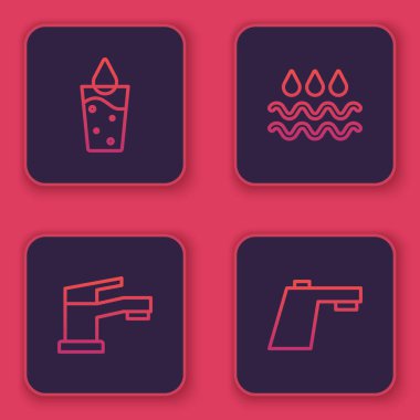 Set line Glass with water, Water tap, Wave drop and . Blue square button. Vector.