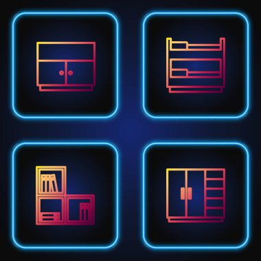 Set line Wardrobe, Shelf with books, and Bunk bed. Gradient color icons. Vector.