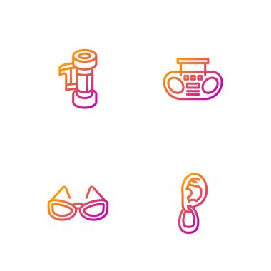 Set line Ear with earring, Glasses, Camera roll cartridge and Home stereo two speakers. Gradient color icons. Vector.