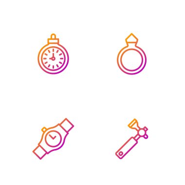 Set line Jewelers lupe, Wrist watch, Pocket and Diamond engagement ring. Gradient color icons. Vector.