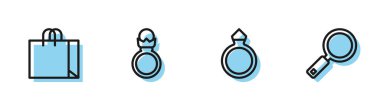 Set line Diamond engagement ring, Shopping bag jewelry, and Magnifying glass icon. Vector.