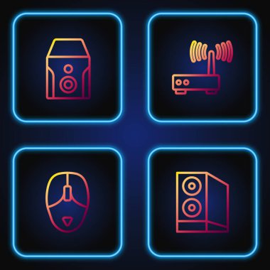 Set line Case of computer, Computer mouse, Uninterruptible power supply and Router and wi-fi signal. Gradient color icons. Vector.