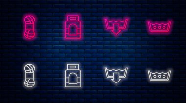 Set line Laundry detergent, Washing modes, Yarn and Temperature wash. Glowing neon icon on brick wall. Vector.