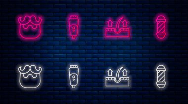 Set line Electric razor blade Human hair follicle Mustache and beard and Classic Barber shop pole. Glowing neon icon on brick wall. Vector.