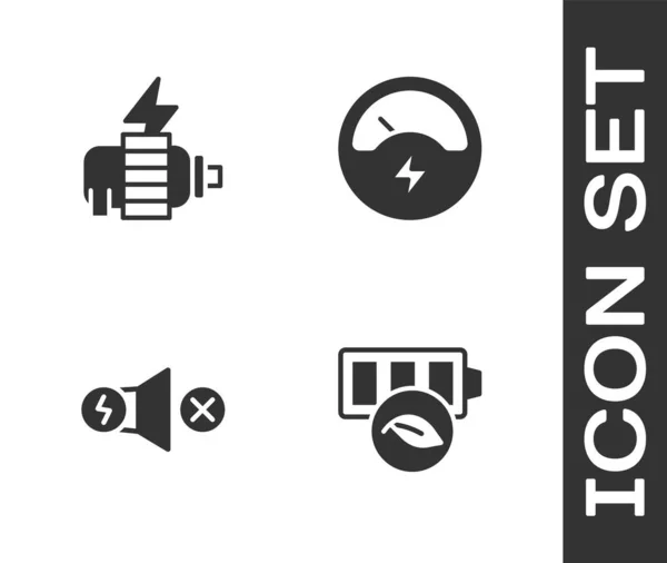 Set Eco Nature Leaf Battery Electric Motor Voltmeter Icon Vector — Vetor de Stock