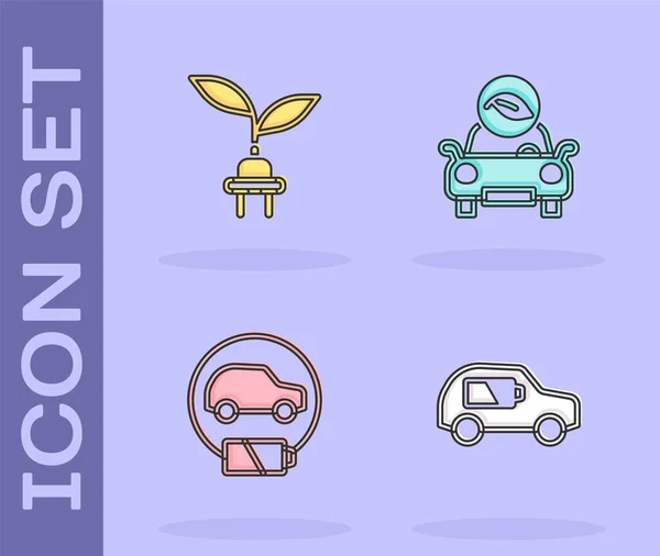 Set Electric Car Saving Plug Leaf Eco Icon Vector — стоковый вектор