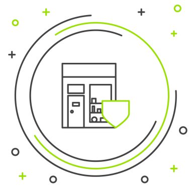 Beyaz arka planda kalkan simgesi olan Hat Alışveriş Binası. Sigorta konsepti. Güvenlik, güvenlik, koruma, konsept koruma. Renkli taslak konsepti. Vektör.